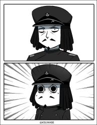 Rule 34 | (o) (o), 1boy, abyssal admiral (kancolle), admiral (kancolle), admiral suwabe, admiral suwabe (cosplay), black hair, borrowed character, comic, commentary, cosplay, dreadlocks, epaulettes, facial hair, goatee, greyscale, hat, k-suwabe, kantai collection, male focus, military, military hat, military uniform, monochrome, moomin, moomintroll, muppo, mustache, parody, peaked cap, solo, sweatdrop, trembling, twitter username, white background