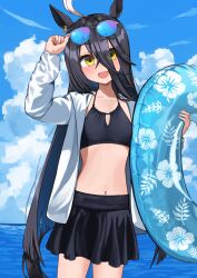 Rule 34 | 1girl, adjusting eyewear, ahoge, arm up, bikini, bikini skirt, black bikini, black hair, breasts, cloud, crossed bangs, day, eyewear on head, grey jacket, hair between eyes, hand on eyewear, highres, innertube, jacket, kuronosu (yamada1230), long bangs, long hair, long hair between eyes, long sleeves, manhattan cafe (umamusume), multicolored hair, navel, open clothes, open jacket, outdoors, small breasts, solo, swim ring, swimsuit, umamusume, very long hair, white hair, yellow eyes