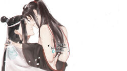 Rule 34 | 1010923, 2boys, ahoge, bare shoulders, black hair, black hanfu, chinese clothes, closed eyes, closed mouth, clothes down, couple, face-to-face, falling petals, hair ribbon, hanfu, headband, high ponytail, highres, hug, imminent kiss, lan wangji, long hair, long sleeves, looking at another, male focus, modao zushi, multiple boys, off shoulder, open clothes, open robe, parted lips, petals, ponytail, profile, red ribbon, ribbon, robe, robe partially removed, sidelocks, simple background, smile, topknot, twitter username, upper body, watermark, wei wuxian, white background, white hanfu, white headband, wide sleeves, xiao guan (headdress), yaoi