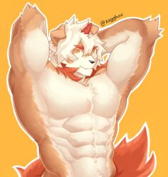 1boy abs arknights armpits arms_behind_head arms_up artist_name bara closed_mouth colored_tips fang furry furry_male highres horns hung_(arknights) komainu_boy komainu_ears komainu_tail looking_at_viewer male_focus mixed-language_commentary multicolored_hair muscular muscular_male navel nude pectorals single_horn skin_fang smile upper_body yellow_background zagghov