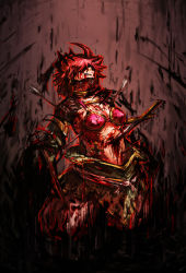 1girl ahoge bikini bikini_top_only blood breasts cleavage collar earrings female_focus jewelry midriff navel red_hair revya_(female) short_hair solo soul_cradle swimsuit torihasiden