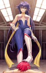 Rule 34 | 2girls, armband, asisuki, bare shoulders, blue eyeshadow, blue hair, bodysuit, boots, breasts, cleavage, commission, cutie honey, cutie honey (character), cutie honey flash, defeat, earrings, eyeshadow, femdom, foot on head, full body, gloves, grin, hair between eyes, hairband, hand on own hip, high heel boots, high heels, highres, humiliation, jewelry, long bangs, long hair, magical girl, makeup, medium breasts, misty honey, multiple girls, on floor, red hair, scarf, sidelocks, skeb commission, skin tight, smile, stepped on, very long hair