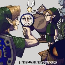 1boy belt blonde_hair darmani deku_butler&#039;s_son fairy grey_background grin gus_uur hand_mirror hat holding holding_mirror link mikau mirror nintendo pointy_ears reflection shield shield_on_back smile solo statue sweatdrop tatl the_legend_of_zelda the_legend_of_zelda:_majora&#039;s_mask tunic upper_body