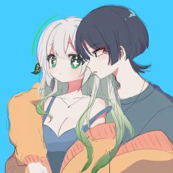 1boy 1girl 52601i alternate_costume alternate_hairstyle arm_around_shoulder behind_another black_eyes black_hair blue_background blue_camisole blue_pendant blunt_ends breasts bright_pupils camisole cardigan casual cleavage closed_mouth collarbone colored_tips contemporary cross-shaped_pupils eyelashes eyeliner eyeshadow genshin_impact green_eyes green_hair grey_shirt hair_down hair_ornament hetero jewelry leaf leaf_hair_ornament long_hair looking_at_another makeup multicolored_hair nahida_(genshin_impact) necklace off_shoulder open_mouth orange_cardigan red_eyeliner red_eyeshadow scaramouche_(genshin_impact) shirt sidelocks sideways_mouth sketch small_breasts strap_slip streaked_hair symbol-shaped_pupils teeth upper_teeth_only white_hair white_pupils