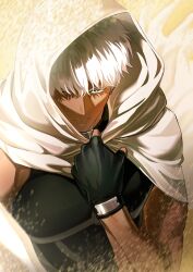 1boy absurdres archer_(fate) armor black_gloves cloak dark_skin fate/stay_night fate_(series) gloves highres hood hooded_cloak male_focus maysy633 sand solo toned toned_male upper_body white_hair