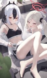 2girls :d absurdres alternate_costume barefoot black_hair black_shorts black_sports_bra blue_archive breasts coffee_mug cup demon_horns dolphin_shorts ear_piercing grey_halo halo highres holding holding_cup horns huran_tea jacket kayoko_(blue_archive) light_blush long_hair mug multicolored_hair multiple_girls mutsuki_(blue_archive) navel open_clothes open_jacket open_mouth parted_lips piercing pink_eyes pointy_ears ponytail red_eyes red_halo shirt shorts side_ponytail small_breasts smile sports_bra stomach thighs two-tone_hair white_hair white_jacket white_shirt