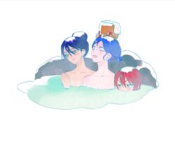 1boy 2girls amate_yuzuriha aqua_eyes bath bathing black_hair blue_hair blush closed_eyes closed_mouth commentary_request conch_(gundam) convenient_censoring gundam gundam_gquuuuuux hair_bun highres long_hair mixed-sex_bathing multicolored_hair multiple_girls nude nyaan_(gundam_gquuuuuux) onsen open_mouth purple_hair red_hair rock shared_bathing short_hair shuji_ito simple_background smile steam steam_censor sukebegg two-tone_hair water white_background yellow_eyes