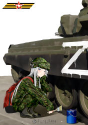 1girl absurdres arm_support artist_name backpack bag blue_eyes bucket camouflage caterpillar_tracks chinese_commentary combat_helmet grey_hair helmet highres holding holding_paintbrush military military_combat_uniform military_uniform military_vehicle mole mole_under_eye motor_vehicle original paintbrush red_bag ribbon_of_saint_george russian_ground_forces solo squatting t-72 tank white_paint z_(russian_symbol) zijing_sang