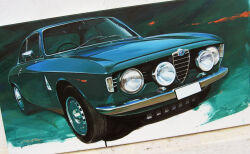 alfa_romeo alfa_romeo_1750_gt avakov car green_car highres motor_vehicle no_humans original painting_(medium) photo_(medium) shadow traditional_media vehicle_focus