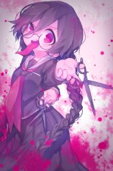 1girl blood blood_splatter braid danganronpa:_trigger_happy_havoc danganronpa_(series) dual_wielding fukawa_toko genocider_shou glasses hair_between_eyes holding holding_scissors holding_sword holding_weapon long_sleeves long_tongue neckerchief pleated_skirt red_neckerchief school_uniform scissors skirt solo sword tongue tongue_out twin_braids weapon zudzuki