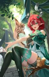 1girl absurdres boots chipmunk ciaccona_(wuthering_waves) commentary dress feet_out_of_frame green_boots green_eyes green_jacket highres holding holding_microphone_stand jacket looking_at_viewer medium_hair microphone_stand open_mouth outdoors pointy_ears red_hair sitting smile solo squirrel thigh_boots thighs tree_horns white_dress wuthering_waves yuridango