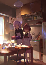 2girls ahoge apron basket black_shirt blush bowl brown_hair chair closed_eyes closed_mouth collared_shirt cooking cooking_pot cup cutting_board cutting_onions day drinking_glass faucet frying_pan gloves hand_up hands_up headgear highres holding holding_cooking_pot indoors japanese_clothes kimono kitchen knife leaning_forward light_purple_hair long_hair long_sleeves looking_at_another multiple_girls onion purple_eyes purple_footwear purple_gloves red_footwear refrigerator ribbed_legwear rubbing_eyes shirt short_hair sleeves_pushed_up slippers smile standing table tearing_up touhoku_kiritan twintails vocaloid voiceroid white_apron white_kimono wing_collar yamamomo_(plank) yuzuki_yukari