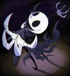 1boy animification highres hoshi_(star-name2000) jack_skellington jacket long_sleeves looking_at_viewer male_focus open_mouth patchwork_skin pinstripe_pattern pinstripe_vest simple_background skeleton smile solo striped_clothes striped_vest the_nightmare_before_christmas vertical-striped_clothes vertical-striped_vest vest