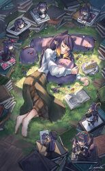 6+girls alternate_costume artist_name barefoot black_eyes blunt_bangs book book_stack brown_skirt cake character_pillow closed_eyes closed_mouth collared_shirt commentary english_commentary feet food food_bite fork gradient_hair grass green_skirt highres hololive hololive_english hugging_object indoors laznia long_skirt long_sleeves looking_at_another lying mini_person minigirl multicolored_hair multiple_girls multiple_persona ninomae_ina&#039;nis ninomae_ina&#039;nis_(loungewear) ninomae_ina&#039;nis_(new_year) ninomae_ina&#039;nis_(party_dress) ninomae_ina&#039;nis_(pastry_chef) ninomae_ina&#039;nis_(school_uniform) official_alternate_costume official_alternate_hairstyle on_grass on_side orange_hair overgrown pillow pillow_hug plaid_clothes plaid_skirt plate pointy_ears purple_hair shirt side_slit skirt smile solid_circle_eyes takodachi_(ninomae_ina&#039;nis) tentacle_hair virtual_youtuber white_shirt window_shadow wooden_floor