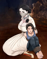 Rule 34 | 2girls, absurdres, alcina dimitrescu, arms behind back, bdsm, black flower, black hair, blue eyes, bondage, bound, bound ankles, bound arms, breasts, brown eyes, brown hair, capcom, cleavage, cloth gag, earrings, flower, gag, gagged, highres, improvised gag, jewelry, jill valentine, large breasts, looking at viewer, lost one zero, makeup, multiple girls, nail polish, necklace, over the nose gag, resident evil, resident evil 2, resident evil 3: nemesis, resident evil village, shoes, toenail polish, toenails, unworn shoes, yellow eyes