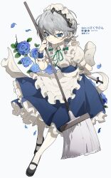 1girl absurdres apron arm_behind_back artist_name black_shoes blue_eyes blue_flower blue_petals blue_rose blue_skirt bow braid buttons character_name closed_mouth collared_shirt commentary dagger dated expressionless flower frilled_apron frilled_cuffs frilled_skirt frills full_body green_bow green_ribbon grey_background grey_hair hair_bow high-waist_skirt highres holding holding_dagger holding_knife holding_mop holding_weapon izayoi_sakuya knife leaf maid maid_apron maid_headdress mary_janes mop neck_ribbon plant puffy_short_sleeves puffy_sleeves ribbon rose shimiya_jin shirt shoes short_hair short_sleeves simple_background skirt solo touhou twin_braids vines waist_apron weapon white_apron white_shirt wing_collar wrist_cuffs