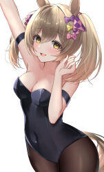 1girl arm_up breasts brown_eyes brown_hair collarbone commentary_request hair_ornament highres horse_girl looking_at_viewer medium_hair navel pantyhose ribbon simple_background small_breasts smart_falcon_(umamusume) solo takmi umamusume white_background