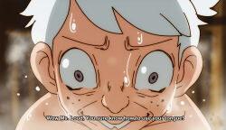 1boy backlighting commentary english_commentary english_text fisheye freckles furrowed_brow grey_eyes grin hair_behind_ear highres jcm2 lincoln_loud male_focus nude portrait short_hair smile solo straight-on subtitled sweat the_loud_house very_short_hair wall-eyed white_hair