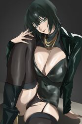 1girl absurdres black_hair black_panties black_thighhighs bob_cut boots breasts cleavage fubuki_(one-punch_man) green_eyes green_hair high_heel_boots high_heels highleg highleg_panties highres large_breasts leg_up long_sleeves looking_at_viewer nail_polish navel one-punch_man open_mouth panties pink_nails ribbed_sweater short_hair simple_background smile solo sweater taiyang_yu thighhighs thighs turtleneck turtleneck_sweater underwear