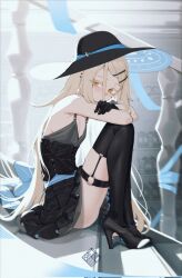 Rule 34 | 1girl, black gloves, black hat, black shirt, black shoes, black skirt, black thighhighs, blonde hair, breasts, colored eyelashes, crossed arms, earclip, gakuen idolmaster, gloves, hat, high heels, idolmaster, jin rou, knees up, long hair, looking at viewer, looking to the side, o-ring, o-ring thigh strap, orange eyes, shinosawa hiro, shirt, shoes, sitting, sitting on stairs, skirt, sleeveless, sleeveless shirt, small breasts, solo, stairs, straight hair, thigh strap, thighhighs, very long hair