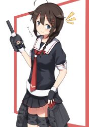 Rule 34 | 1girl, absurdres, ahoge, black gloves, black shirt, black skirt, braid, brown hair, clothes lift, commentary request, cowboy shot, double-parted bangs, fingerless gloves, from side, gloves, hair between eyes, hair flaps, hair ornament, hair over one eye, hair ribbon, head tilt, highres, holding, holding turret, kantai collection, long hair, looking at viewer, necktie, pleated skirt, red necktie, red ribbon, ribbon, sailor collar, shigure (kancolle), shigure kai ni (kancolle), ship turret, shirt, short-sleeved sweater, short sleeves, sidelocks, simple background, single braid, skirt, skirt lift, solo, standing, sweater, thigh strap, torpedo launcher, translation request, turret, white background, white sailor collar, yuzuki draw