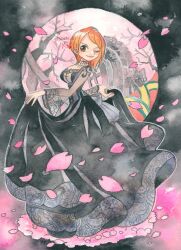 1girl absurdres bare_tree black_dress breasts brown_eyes cherry_blossoms choker closed_mouth commentary_request dress falling_petals full_body full_moon goth_fashion highres long_dress long_sleeves looking_at_viewer medium_breasts moon nami_(one_piece) night night_sky official_alternate_costume one_eye_closed one_piece orange_hair petals pink_petals see-through_clothes see-through_sleeves short_hair shoulder_tattoo sky solo standing tattoo traditional_media tree twitter_username yachiy0