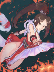 Rule 34 | 1girl, breasts, brown eyes, brown hair, dress, fatal fury, fire, floral print, hand fan, high ponytail, highres, japanese clothes, kimono, large breasts, looking at viewer, ooiwa (irc14786149), pelvic curtain, ponytail, red dress, red kimono, revealing clothes, shiranui mai, smile, snk, solo, the king of fighters, the king of fighters xv, thighs