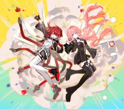 2girls ;d absurdres ankle_boots arknights black_boots black_gloves black_jacket black_shirt black_shorts blurry boots chinese_commentary closed_mouth commentary_request crop_top cropped_jacket energysavingmode29 explosion exusiai_(arknights) exusiai_the_new_covenant_(arknights) fingerless_gloves food full_body gloves halo highres holding jacket lace-up_boots lemuen_(arknights) long_hair long_sleeves looking_at_viewer motion_blur multiple_girls one_eye_closed open_mouth outstretched_arm pink_eyes pink_hair red_hair shirt shoe_soles short_hair shorts siblings sisters sketch smile smoke thigh_boots thighhighs traditional_halo waving white_shirt white_thighhighs yellow_eyes yellow_halo zipper