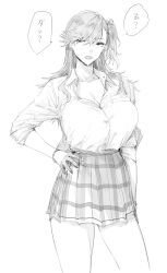 1girl asymmetrical_bangs breast_pocket breasts cleavage collarbone collared_shirt commentary_request cowboy_shot dress_shirt goshiki_suzu greyscale hand_on_own_hip highres large_breasts long_hair mole mole_under_eye monochrome one_side_up open_mouth original partially_unbuttoned plaid_clothes plaid_skirt pleated_skirt pocket school_uniform shirt shirt_tucked_in skirt solo speech_bubble standing tokiwa_nao translation_request