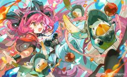 1girl :d apple armor black_bow bodysuit boots bow breastplate breasts chinese_commentary collar commentary_request food fruit hair_bow hairband headgear highres lupa_(wuthering_waves) medium_breasts metal_collar metal_hairband nemo_(ani1995) open_mouth red_pupils red_sash sash smile solo tacet_discord_(wuthering_waves) thigh_boots white_bodysuit white_boots wrist_guards wuthering_waves yellow_eyes