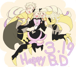 Rule 34 | 1boy, 2girls, blonde hair, bodystocking, circlet, dated, drill hair, elise (fire emblem), family, fire emblem, fire emblem fates, gold cape, grey eyes, happy birthday, hip armor, multiple girls, nintendo, odin (fire emblem), ophelia (fire emblem), osamu23, panties, purple hair, toeless footwear, twin drills, twintails, underwear, yellow panties