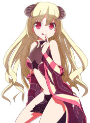 1girl :q adapted_costume black_dress blonde_hair breasts closed_mouth commentary_request cowboy_shot detached_sleeves dress female_pubic_hair loincloth long_hair looking_at_viewer medium_breasts navel oki_(okazu8) professor_(ragnarok_online) pubic_hair pubic_hair_peek ragnarok_online red_dress red_eyes red_sleeves revealing_clothes see-through_loincloth simple_background smile solo striped_sleeves tongue tongue_out two-tone_dress white_background yellow_sleeves