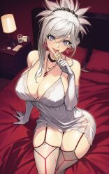 1girl :p absurdres bedroom blue_eyes breasts choker condom condom_box condom_wrapper cup dress dynamitenatalia earrings fate/grand_order fate_(series) garter_straps grey_hair highres holding holding_condom jewelry large_breasts miyamoto_musashi_(fate) nightstand on_bed pendant pill pillow sitting solo thighhighs tongue tongue_out white_dress