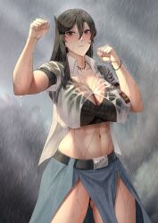 1girl abs absurdres arms_up bead_bracelet bead_necklace beads belt black_belt black_panties black_shirt blush bracelet breast_pocket breasts brown_eyes cleavage clenched_hands closed_mouth collarbone commentary crest english_commentary expressionless fighting_stance fingernails grey_background hair_between_eyes hands_up highres huge_breasts indonesian_high_school_uniform jewelry long_hair midriff muscular muscular_female navel necklace original panties panty_peek pocket rain raised_fist renata_(zaenathi) school_uniform see-through_clothes see-through_shirt shirt solo standing thighs underwear wet wet_clothes wet_shirt zaenathi