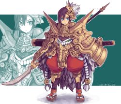 androgynous armor blue_eyes full_body gender_request letterboxed looking_at_viewer original saltydanshark shoulder_pads solo sword weapon zoom_layer