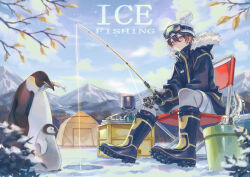 Rule 34 | 1boy, beanie, bird, black boots, blue coat, blue sky, boots, brown hair, bucket, chair, closed mouth, cloud, coat, commentary, day, emperor penguin, eyewear on headwear, fish, fishing, fishing rod, folding chair, full body, fur-trimmed hood, fur trim, goggles, green eyes, hair between eyes, hat, highres, holding, holding fishing rod, hood, hooded coat, ice fishing, long sleeves, male focus, mountainous horizon, original, outdoors, penguin, pom pom (clothes), pom pom beanie, rubber boots, short hair, shorts, sitting, sky, solo, suzaku (zaku6584), tent, white hat, white shorts