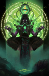 1boy absurdres clothed_robot colored_skin commentary cthulhu_mythos cultist_zenyatta extra_eyes floating green_eyes highres hood humanoid_robot lotus_position magic_circle male_focus mothman_(the_m0thman) official_alternate_costume omnic overwatch overwatch_1 pelvic_curtain purple_skin robot solo tentacles zenyatta_(overwatch)