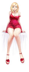 Rule 34 | 1girl, aqua eyes, blonde hair, breasts, cleavage, curvy, dress, earrings, fasces (jeson110), female focus, freckles, green eyes, groin, high heels, highres, hip focus, jewelry, large breasts, legs, lips, long legs, nail polish, necklace, open shoes, original, red skirt, sandals, sitting, skirt, solo, strap slip, wide hips