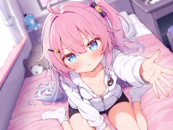 1girl :t ahoge bare_legs black_shorts blue_eyes blurry blurry_background breasts closed_mouth commentary_request depth_of_field e-note gradient_hair hair_ornament hairclip highres indoors jacket long_sleeves multicolored_hair one_side_up original purple_hair reaching reaching_towards_viewer short_shorts shorts sitting small_breasts socks solo wariza white_jacket white_socks