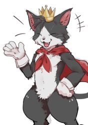 +++ 1boy animal_ear_fluff animal_ears ao_gravity black_fur cait_sith_(final_fantasy) cape cat_boy cat_ears cat_nose cat_tail closed_eyes commentary crown fangs final_fantasy final_fantasy_vii furry furry_male gloves hand_on_own_hip highres male_focus multicolored_fur neckerchief notice_lines open_mouth red_cape red_neckerchief smile symbol-only_commentary tail whiskers white_fur white_gloves