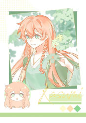 1girl braid chibi closed_mouth flower green_eyes hair_between_eyes hair_ornament hand_up long_hair long_sleeves looking_at_viewer misty_(pokemon) nintendo open_mouth orange_hair pokemon pokemon_(anime) pokemon_(classic_anime) pokemon_rgby shirt smile solo twin_braids upper_body