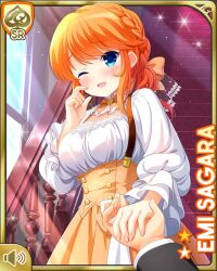 1boy 1girl ;d alternate_hairstyle black_ribbon blue_eyes bow braid breasts character_name cleavage day dress girlfriend_(kari) hair_bow indoors long_sleeves looking_at_viewer mansion medium_hair official_art one_eye_closed open_mouth orange_bow orange_hair qp:flapper ribbon sagara_emi smile stairs stairwell standing tagme yellow_dress