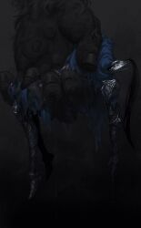 Rule 34 | 1boy, arm armor, armor, armored gloves, artorias the abysswalker, black background, blue cape, cape, carrying, carrying person, commentary, dark souls (series), dark souls i, english commentary, full armor, full body, gradient background, helmet, highres, knee armor, leg armor, lying, male focus, on side, sabaton, shoulder armor, solo focus, tworain w