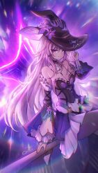 Rule 34 | 1girl, absurdres, ascot, bare shoulders, black choker, black hat, breasts, choker, cleavage, detached sleeves, dress, flower, hand up, hat, hat flower, herta (honkai: star rail), highres, honkai: star rail, honkai (series), long hair, long sleeves, looking at viewer, lustercool, pantyhose, purple eyes, purple flower, purple hair, small breasts, solo, strapless, strapless dress, the herta (honkai: star rail), very long hair, white ascot, witch hat