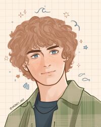 1boy blue_eyes brown_hair curly_hair freckles grid_background highres looking_at_viewer neia_(honei.studio) novel_illustration official_art open_clothes open_shirt pastel_colors percy_jackson percy_jackson_and_the_olympians portrait solo