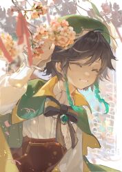 1boy aqua_hair ascot beret black_bow black_bowtie black_hair blue_gemstone blue_sky blurry blurry_background blurry_foreground border bow bowtie braid branch brown_corset buttons cape capelet cherry_blossoms collared_cape collared_shirt corset day flower frills gem genshin_impact gradient_hair green_cape green_capelet green_hat hair_between_eyes hand_up hat hat_flower hat_ornament highres long_sleeves male_focus multicolored_hair outdoors outside_border petals pink_flower pink_ribbon puffy_long_sleeves puffy_sleeves ribbon s_sspluscc shirt short_hair sky smile solo striped_bow striped_bowtie striped_clothes teeth twin_braids two-sided_cape two-sided_fabric upper_body venti_(genshin_impact) white_ascot white_border white_shirt yellow_cape yellow_flower