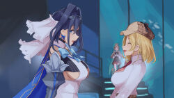 3girls :d ^_^ aquarium black_shirt blonde_hair blue_bow blue_bowtie blue_hair blurry blurry_background bow bowtie breasts brown_capelet brown_hair brown_hat brown_skirt capelet cleavage_cutout closed_eyes clothing_cutout collared_shirt commentary crop_top cropped_shirt dark_blue_hair deerstalker detached_sleeves dress_shirt english_commentary hair_intakes hat highres hito_(maruhito) hololive hololive_english hood hooded_capelet indoors juliet_sleeves large_breasts long_hair long_sleeves multiple_girls nanashi_mumei nanashi_mumei_(1st_costume) necktie open_mouth ouro_kronii ouro_kronii_(1st_costume) pinstripe_pattern pinstripe_shirt plaid_clothes plaid_skirt pleated_skirt profile puffy_sleeves red_necktie sailor_collar shirt short_necktie skirt sleeveless sleeveless_shirt smile underboob virtual_youtuber watson_amelia watson_amelia_(1st_costume) white_sailor_collar white_shirt