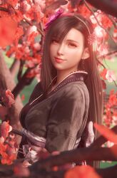 1girl 3d back_ribbon black_hair black_kimono blurry blurry_background blurry_foreground bow branch breasts cherry_blossoms closed_mouth commentary earrings eyeshadow final_fantasy final_fantasy_vii final_fantasy_vii_remake flower grey_bow grey_ribbon grey_sash hair_behind_ear hair_flower hair_ornament highres japanese_clothes jewelry kimono lips long_hair long_sleeves looking_at_viewer makeup medium_breasts obi official_alternate_costume outdoors pink_flower red_eyes red_eyeshadow red_flower red_lips sash single_earring solo sreliata symbol-only_commentary tifa_lockhart tifa_lockhart_(exotic_dress) tree upper_body