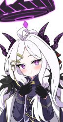 1girl absurdres ahoge black_gloves black_horns blue_archive blush demon_girl demon_horns gloves hair_ornament hairclip halo highres hina_(blue_archive) horns lee0fld long_hair looking_at_viewer multiple_horns parted_bangs purple_eyes simple_background solo very_long_hair white_background white_hair
