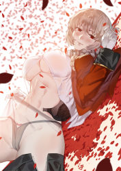 1girl bad_id bad_pixiv_id black_bra black_panties black_skirt blush bra bra_pull braid breasts clothes_pull club3 covered_erect_nipples expressionless fate/grand_order fate_(series) female_focus florence_nightingale_(fate) gloves grey_hair groin highres large_breasts lips long_hair long_sleeves looking_at_viewer lying military military_uniform on_back open_bra open_clothes open_shirt panties petals red_eyes rose_petals shirt single_braid skirt skirt_pull solo unbuttoned underboob underwear unfastened white_background white_gloves white_shirt